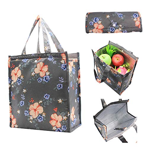Large Insulated Lunch Bag for Women Men Cute Meal Prep Lunch Tote Bag Thermal Lunch Box Organizer Reusable Lunch Cooler Bento Box Bag for Work Picnic Travel by Mziart Dark Grey Flowers