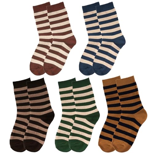 Marrywindix 5 Pairs Retro Striped Crew Socks Colorful Striped Cute Athletic Cotton Casual Long Tube Socks for Women