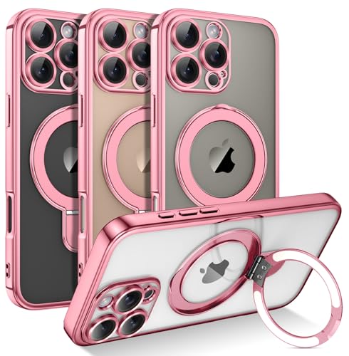 Coque iPhone 16 Pro Max avec anneau support rose, protection fine et transparente