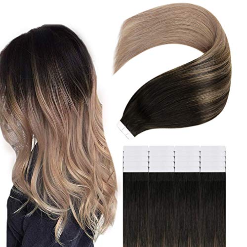 Easyouth Tape in Hair Extensions Real Remy Human Hair Ombre Color Off Black Fading to Dark Ash Blonde Hair Extensions Glue in Hair Extensions Tape in Straight Hair for Woman 40g 18inch 20Pcs