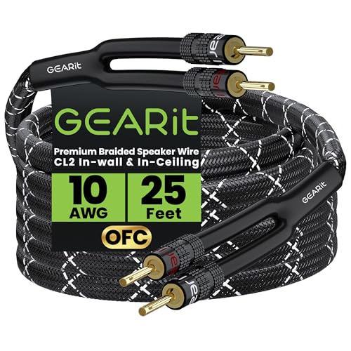 GEARit 10AWG Speaker Cable Wire with Gold-Plated Banana Tip Plugs (25 Feet) in-Wall CL2 Rated, Heavy Duty Braided, 99.9% Oxygen-Free Copper (OFC) - Black, 25ft
