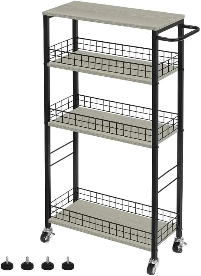Slim Storage Cart 4 Tier Kitchen Rolling On Wheels Mobile Narrow with Wooden Tabletop Slide Out Utility
