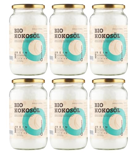 Bio Kokosöl CocoNativo -6x1000mL (6L) 6er Pack - Bio Kokosfett, Kokosnussöl, Premium, Nativ, Kaltgepresst, Rohkostqualität, Rein - zum Kochen, Braten und Backen, für Haare und Haut (6 x 1000ml)