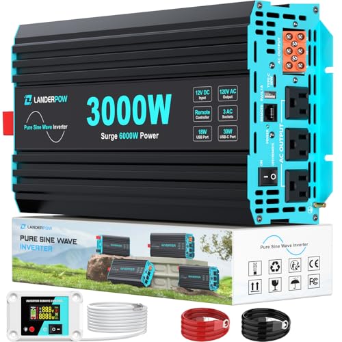 LANDERPOW 3000 Watt Pure Sine Wave Inverter 12V DC to 120V AC for RV, Truck, Solar, Home, Off-Grid,...