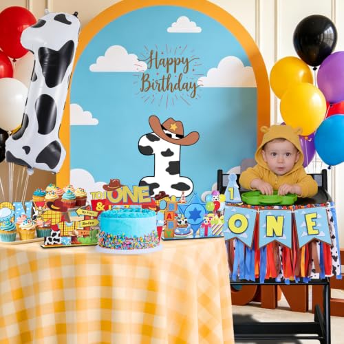 Image of Cartoon Toy Highchair Banner for Baby First Birthday Party Decorations Blue Sky With Clouds High Chair Tassel Banner for Boys Girls Western Cowboy 1st Birthday Photo Props Backdrop Decoration
