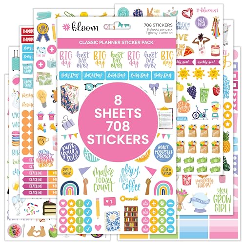 Bloom Daily Planners Newly Improved Classic Planner Sticker Sheets - Variety Sticker Pack for Decorating, Planning, Scrapbooking, etc. - 708 Stickers Per Pack!