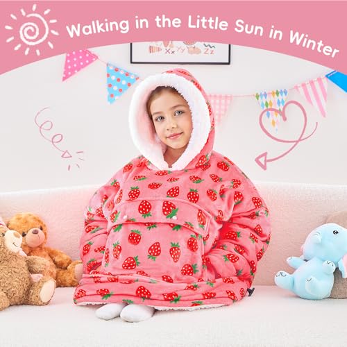 yescool Wearable Blanket Hoodie Kids, Oversized Blanket Sweatshirt with Sherpa Teen Girl Gifts for Kids, Youth, Boys, Girls, 8-15 Year Old Girl Boy Gift Warm Wearable Blankets, One Size, Strawberry
