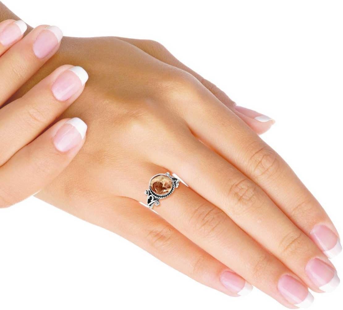 Handmade Genuine 925 Sterling Silver Ring Natural Gemstone Lapis, Labradorite, Amber, Agate Round Boho Jewelry For Women