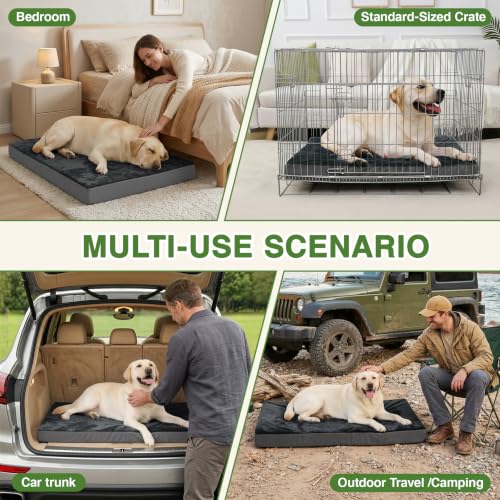Image of Waterproof Dog Bed Large Sized Dogs, Orthopedic Washable Crate Pad 35 inchx22 inch | Outdoor Pet Bed Foam, Reversible Faux Leather & Flannel, Durable Removable Cover, Anti-Slip Bottom,Kennel Pad 36 inch Dark Gray