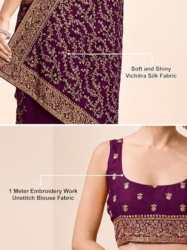 Image of TRENDMALLS Women's Vichitra Silk Heavy Embroidery With Siroski Stone Work Saree with Unstitch Blouse Piece For Women