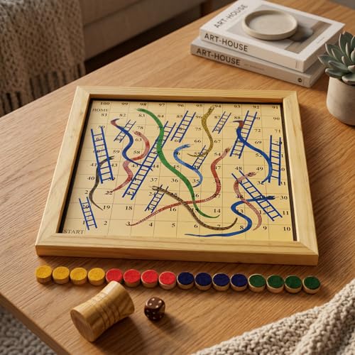 Image of Wooden Magnetic 2-in-1 Ludo and Snakes & Ladders Board Game, Antique & Beechwood, Reversible, Portable, 26.5x26.5 cm, with Tokens and Dice (10 Inches Beech Wood Brown)