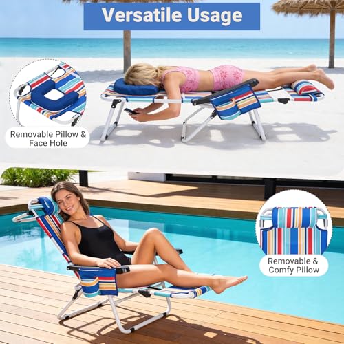 5 Position Folding Beach Chair with Face Hole, Portable Backpack Foldable Lounge Chair w/Headrest&Armrest,Heavy Duty Lay Flat Tanning Chair for Face Down Reading for Adult,440lb Capacity,Blue Stripes by DoCred - Used condition - Image 8