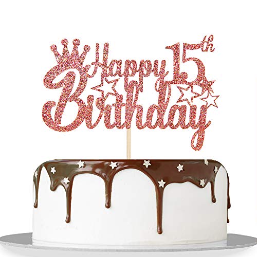 Rose Gold Glitter Happy 15th Birthday Cake Topper for Cheers to 15 Years/Teenagers