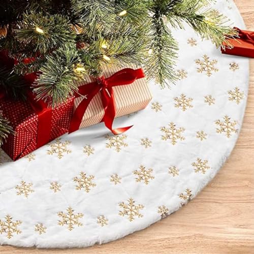 RongXuan Christmas Tree Skirt Plush Round Christmas Tree Blanket with Sequins Snowflake Christmas Tree Stand Carpet Tree Blanket 48 Inches Gold