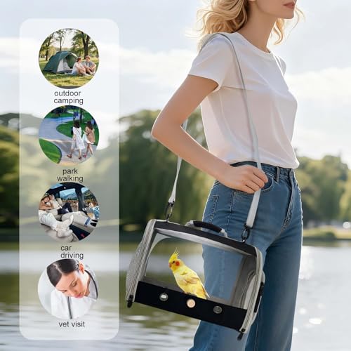 Bird Carrier, Portable Small Bird Cockatiel Conure Parrot Parakeet Carrier with Standing Perch and Stainless Steel Tray, Side Access Window Collapsible (Black, Cylinder Design - Clear) - Image 5