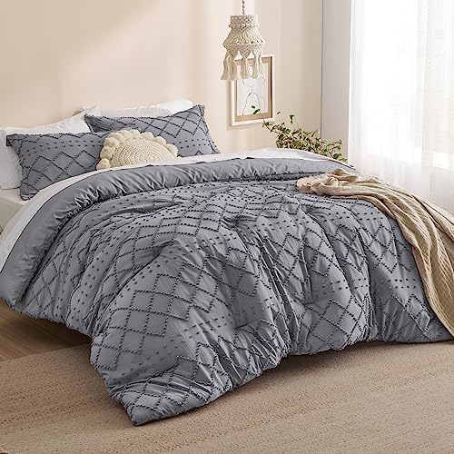 Image of Bedsure Queen Comforter Set - Grey Comforter, Boho Tufted Distressed Vintage Bedding for Kids, 3 Pieces Farmhouse-Style Bed Set for All Seasons, Fluffy Soft Bedding with 2 Pillow Shams