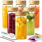 HomArtist 16oz Square Glass Juice Bottles with Lids, 6 Pack Reusable Juice Containers with Bamboo Lids, Glass Juicing jars with 4 Straws & 2 Airtight Lid with Hole for Drinking