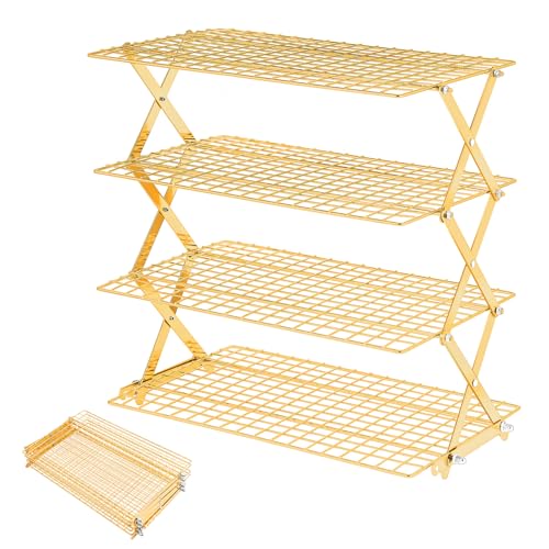 Pleafind 4 Tier Gold Collapsible Cooling Rack - 3 Setting Design, Adjustable ＆ Stackable Baking Rack, 5 Modes Cooling Racks for Cooking and Baking, Roasting ＆ Grilling Gifts for Picnic Party