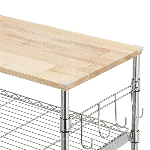 3-Tier Rolling Kitchen Cart with Oak Wood Tabletop, Wheels, Shelf, Hooks - Dining Room Cart for Chrome-loving Home Chefs