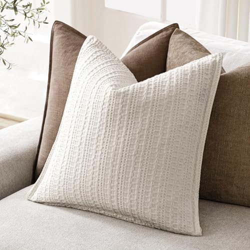 Image of Foindtower Set of 2 Decorative Cotton Waffle Weave Throw Pillow Covers Euro Shams Cushion Covers Accent European Pillowcase for Bed Couch Sofa Bedroom Living Room Home Decor 20x20 Inch Natural Ivory