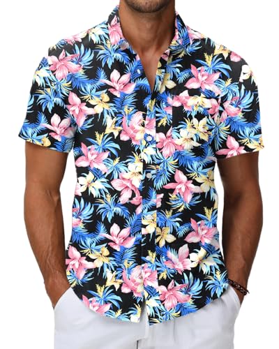 HMIYA Herren Hawaii Hemd Männer 100% Baumwolle Unisex Kurzarm Vordertasche Button Down Sommer Freizeit Urlaub Strand