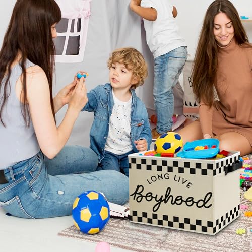 Image of Black and White Checkered Long Live Boyhood Boys Storage Bins Box with Handles, Collapsible Basket Organizer for Kids Teen Boy Nursery Room Bedroom Bathroom Playroom Books Clothes