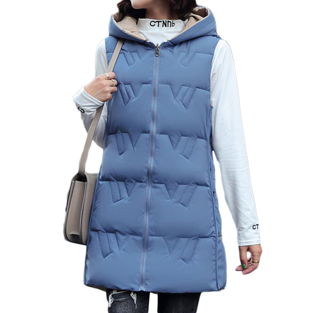 Surwin Women's Blue Beige Long Gilet Jacket Hooded, Casual Reversible Quilted Vest With Pockets Warmer Zip Up Sleeveless Down Jacket Coat Parka Outwear Waistcoat Winter Wear