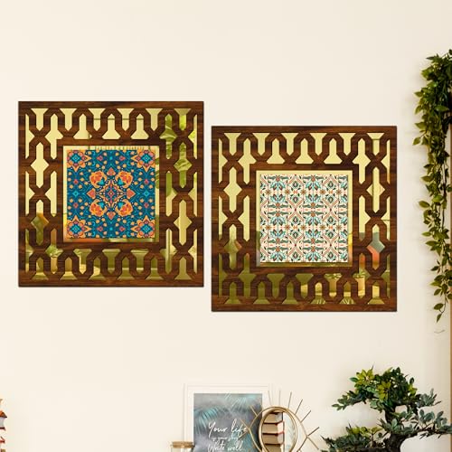 Image of Wooden Turkish Pattern Mirror Wall Decor Panel for Home Decor Living Room Bed Room Office (AD6, 12X12 Inches, Set of 2)