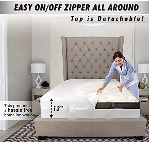 Abit Comfort mattress cover queen, deep size pocket mattress protector encasement detachable top, waterproof, easy to install 360˚ zipper, queen size 13" deep