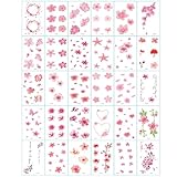 Cherry Blossom Temporary Tattoos for Women, 30 Sheets Pink Floral Waterproof Body Art Stickers, 3D Flower Design