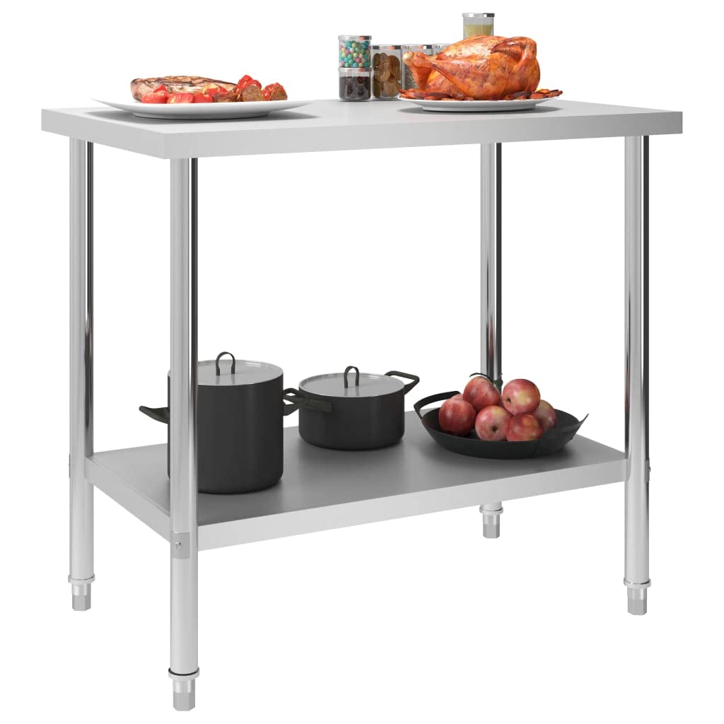 Mesa de trabajo de cocina de acero inoxidable, 100 x 60 x 85 cm, con estante inferior y patas niveladoras antideslizantes, para cocina, restaurante, catering