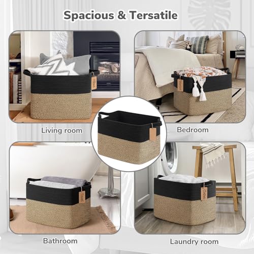 Image of Goodpick 50L Large Woven Storage Basket for Organizing, Black & Jute | 18 inch x 14 inch x 12 inch Stylish Gift Basket for Living Room & Bedroom Organization, Wicker Baskets for Shoes & Toys Storage