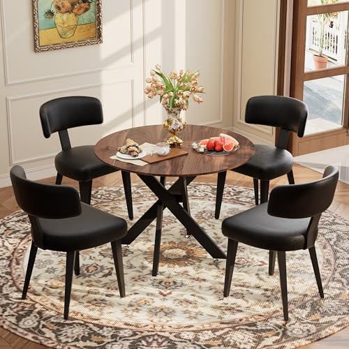 Image of Wood Dining Table Set for 4, 36 inch Round Kitchen Table with 4 Faux Leather Dining Chairs, MDF Tabletop with Metal Legs, Ergonomic Dining Chair with Metal Legs(Woodgrain Table with Black Chairs)