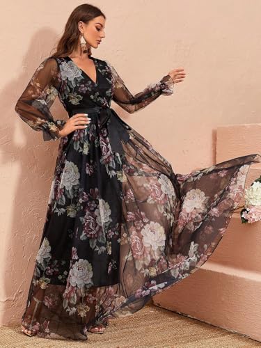 Image of TOLEEN Summer Casual Dresses for Women 2024 Spring Fashion Boho V Neck Long Sleeve Ruffle Floral Print Elegant Maxi Dress
