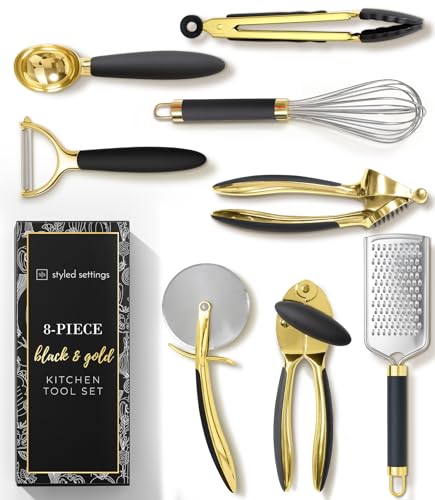Black and Gold Kitchen Utensils - Luxe 8-Piece Gold Kitchen Tools Set with Can Opener, Pizza Cutter, Peeler, Mini Whisk, and Tongs - Stylish Accessories for Modern Cooking and Ideal for Gifting