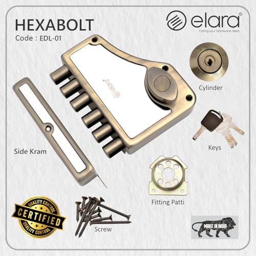 Image of Elara Deadbolt Hexabolt 1CK Door Lock, Rim Lock, Dead Bolt for Home, Door Locks for Main Door with 4 Reversible Brass Keys (Antique, EDL-01, Hexabolt, Ultra Key)