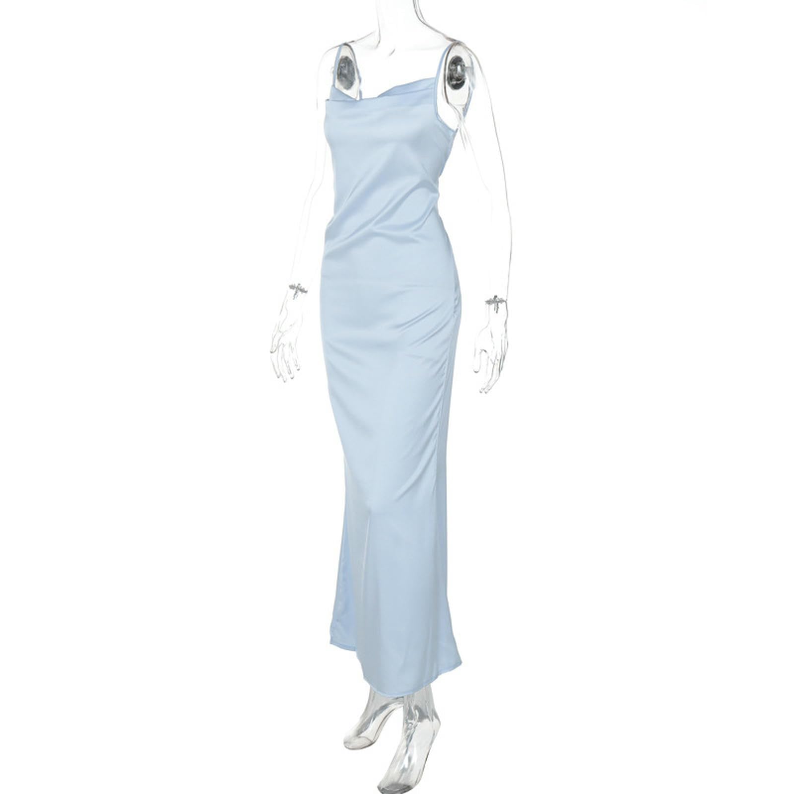 Robe Femme Femmes Spaghetti Strap Midi Satin Robes De Soie Slip Cowl Cou Party Cocktail Soirée Sexy-Bleu Clair-l