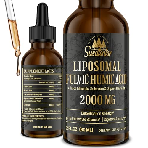 2000 MG Liposomal Fulvic Acid + Humic Acid + Trace Minerals Complex - More Potent Than Shilajit Electrolytes Liquid Supplement with Organic Kale for Energy Digestion Immunity & pH Balance 2 Oz