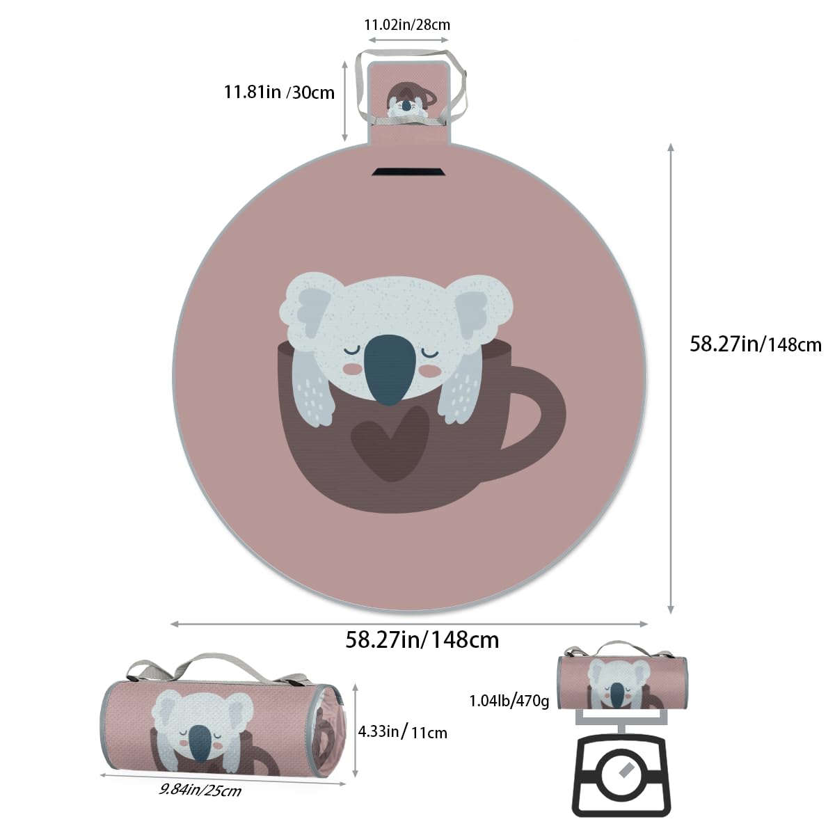 Shimoshe Cup Koala Picnic Outdoor Blanket Foldable Waterproof Sandproof Beach Blanket Portable Water-Resistant Round Picnic Mat for Travel Camping Park Lawn
