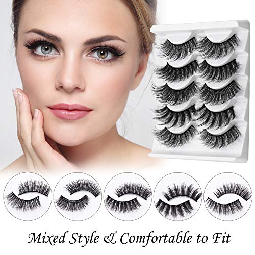 False Eyelashes Set 5 Pairs Styles, Fluffy 3D Eyelash Reusable, Mink Lashes Natural Look, Lashes for Women Handmade