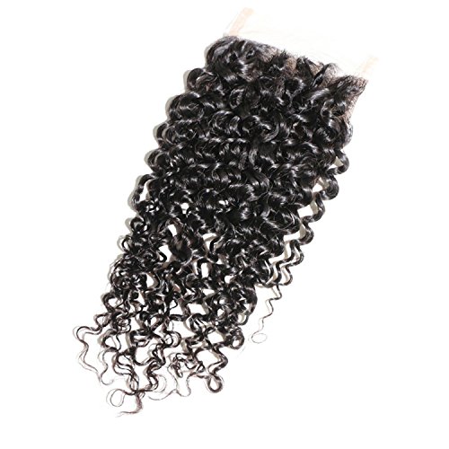 BLY Swiss Lace Closure 4"x4" Mongolian Kinky Curly Virgin Human Hair -Knots Bleached with Baby Hair Medium Brown Lace Color (14" closure)