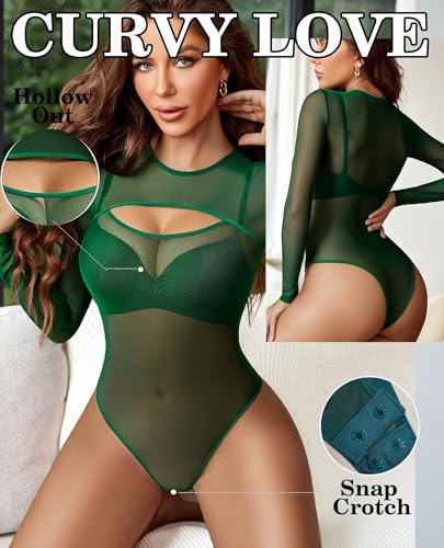 Image of GirlFriend Mesh Bodysuit for Women Long Sleeve Body Suit Sexy Tops Cut Out Leotard See Through Shirts Sheer Rave Outfits