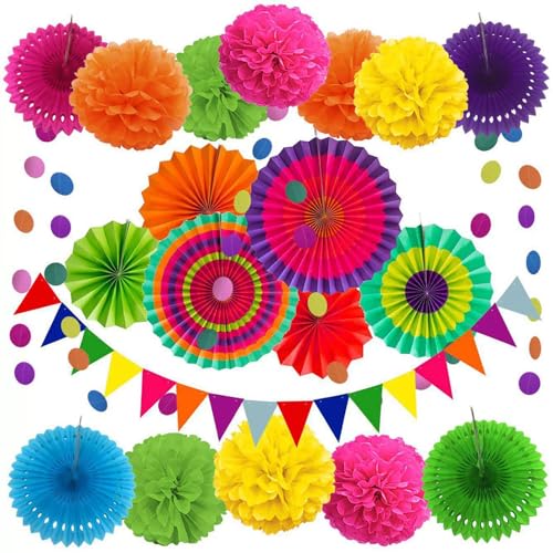 sulanmo Set Decoration Fete Coloré Suspendue avec Eventails en Papier, Pompons, Guirlandes, Ensemble de Décoration Colorée pour Fête Anniversaire Carnaval...