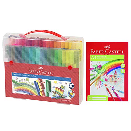 Faber-Castell 155579 Koffer Connector Filzstifte, 80-teilig (80er + Malblock A4 100 Blatt)