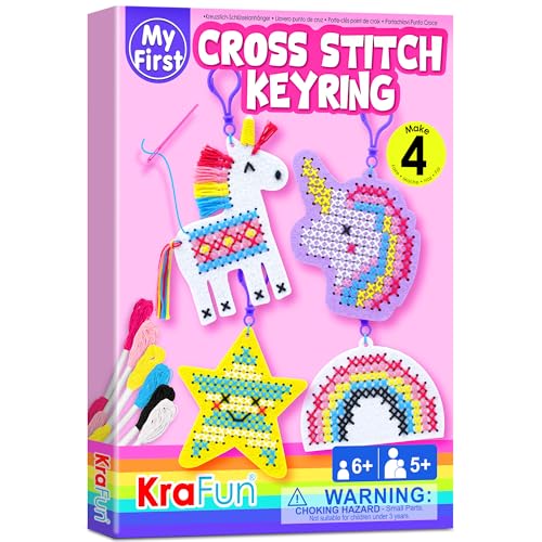 KRAFUN Kit de Punto de Cruz Unicornio para Niños 5 13 Años, 4 Proyectos de Llaveros, Fieltro, Instrucciones, Juguete Educativo para Bordado