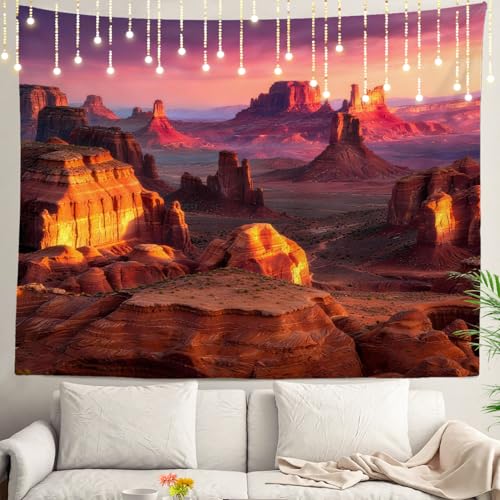 Tapisserie Grand Canyon rouge pour masquer un mur nu et réchauffer l'ambiance salon