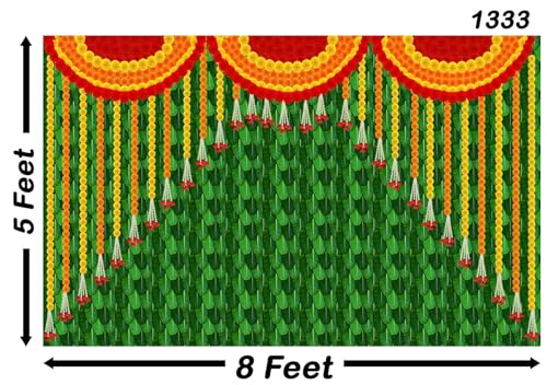 Image of Backdropon Hanging Marigold Flower and Banana Leaf Design Backdrop for Pooja Decoration Traditional Background Curtain Cloth for Festival Size 5Feet Height and 8Feet Width(5 * 8)