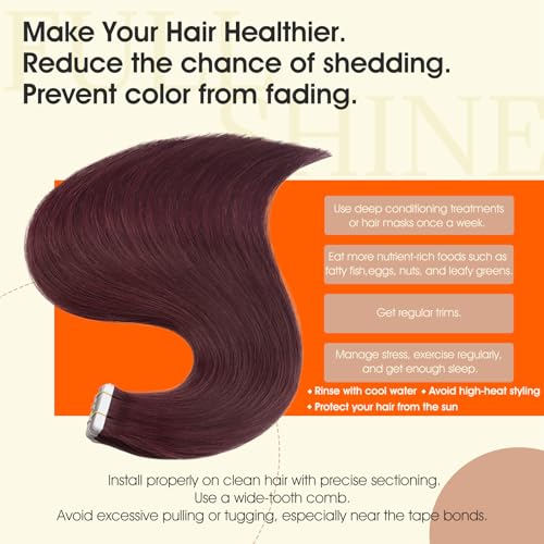 Image of Full Shine Tape in Hair Extensions Real Human Hair Color 99J Tape in Extensions Seamless Invisible Skin Weft 24Inch Long Straight Extension Soft Silky for Daily Office Look 100G 40Pcs
