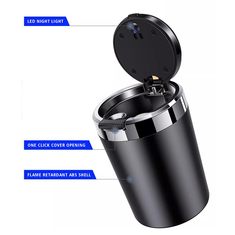 Image of Car Ashtray Black Portable Smokeless Ashtray Cup Cigar Garbage Container with Lid and Blue LED Light