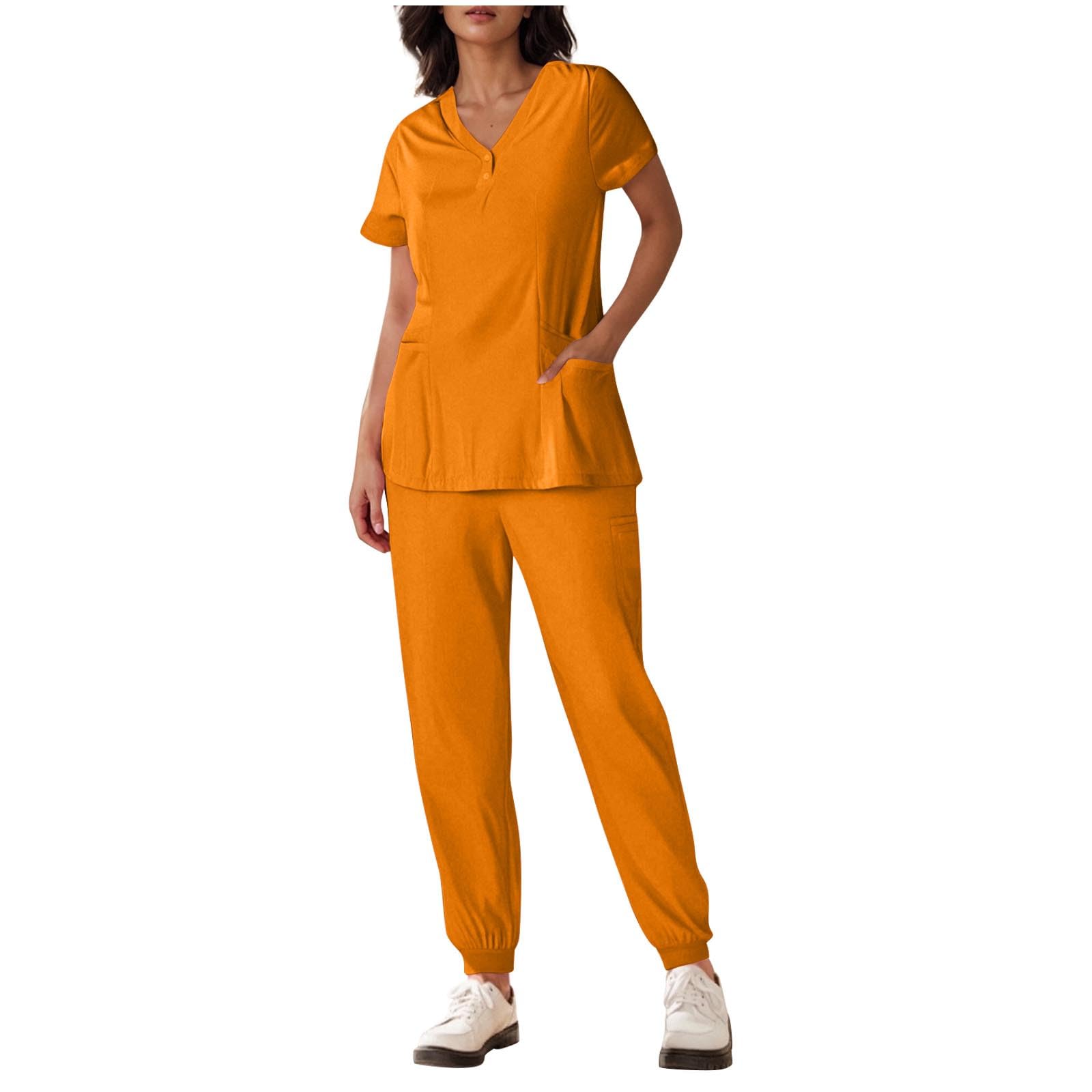 Scrubs for Women Set Summer Medical Uniform Stretch Short Sleeve V-Neck Scrub Top & Jogger Pant with Pockets Yellow